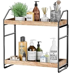 Adjustable 2-Tier Bathroom Countertop Organizer: No Screws Quick Installation Solid Wood Vanity Organizer Trays Standing Cosmetic Storage Shelf for Bath Organization Decor – Bedroom Kitchen Spice Rack