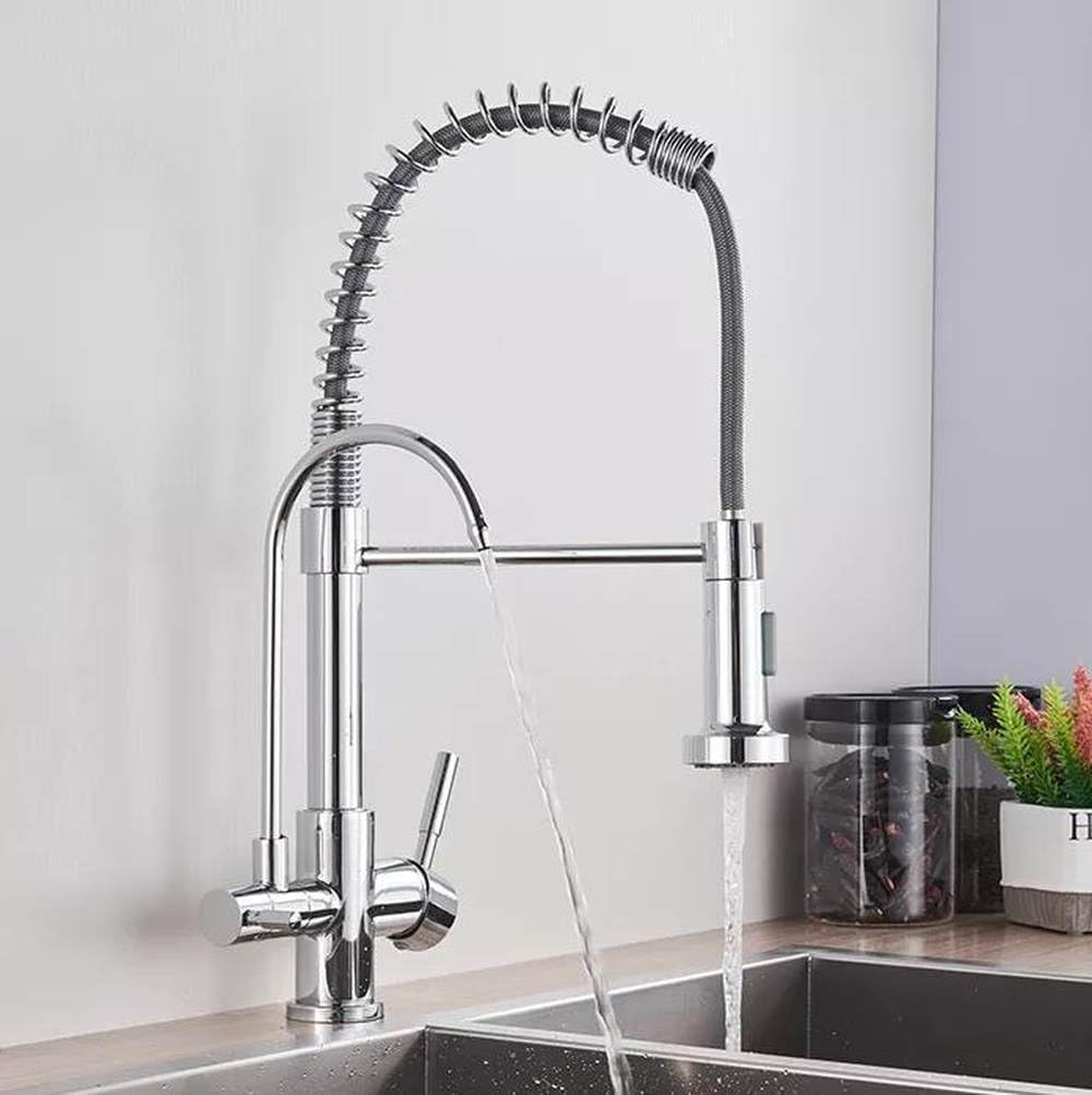 Robinet de cuisine chromé à ressort avec mitigeur eau chaude et froide et filtre intégré
