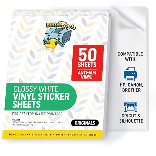 Image of Glossy Printable Vinyl Sticker Paper Waterproof 50 Sheets 8.5 inchx11 inch, Inkjet Printer (HP, Canon, Brother Printers Compatible) - Weatherproof White Sticker Sheets - Strong Adhesive