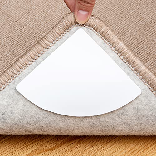 4 Pcs Double Sided Anti Curling Reusable Rug Pad,Washable Non Slip Adhesive Round Rug Tape for Hardwood Floors, Tile, Keep Your Round Rug in Place & Make Corner Flat(White)