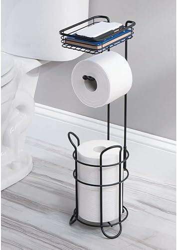 Miniatura 7 de mDesign Soporte y dispensador de papel higiénico de pie sin metal de acero con estante de almacenamiento pañuelo de inodoro para baños baño