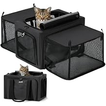 Pecute Cat Carrier Expandable, Stable Pet Carrier with 5mm Thick Steel Wire Frame, Dual-Side 200% Larger Space, Car Travel Carrier with Locking Zippers & Belt, Foldable for Storage, Dark Gray