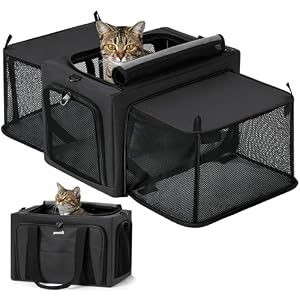 Pecute Cat Carrier Expandable, Stable Pet Carrier with 5mm Thick Steel Wire Frame, Dual-Side 200% Larger Space, Car Travel Carrier with Locking Zippers & Belt, Foldable for Storage, Dark Gray