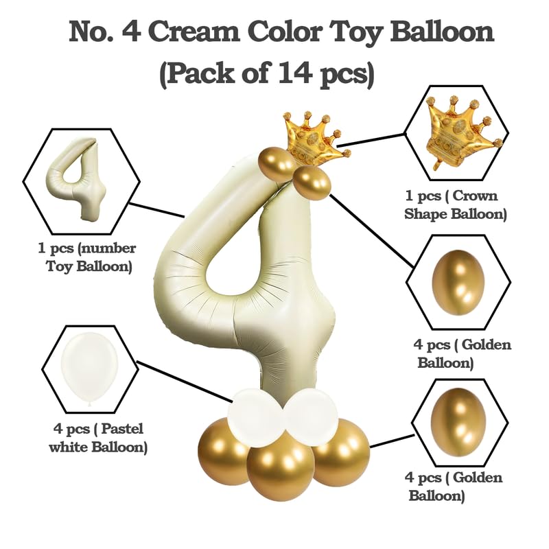Image of Cream Color 32 Inch Number Helium Foil Balloon For Birthday Decoration Items | Number foil Balloon 4 | Anniversary Decoration Items | Pack of 14