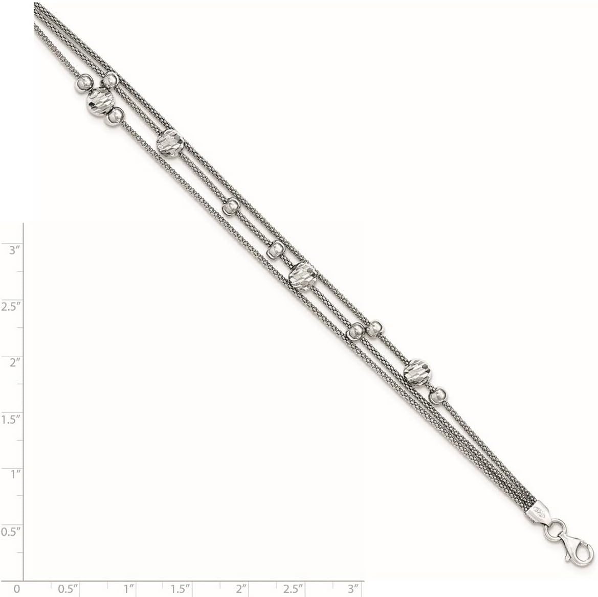 JewelryWeb 925 Sterling Silver Beaded Fancy Lobster Closure 3 Strand Sparkle-Cut Bead Polished Fancy Bracelet 7 Inch Strand Bracelet for Women