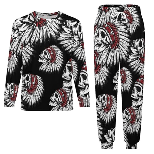 USA Indian Chief Skull Men’s Pajama Set Long Sleeve Top And Pants Loungewear Sleepwear Pjs Nightwear3