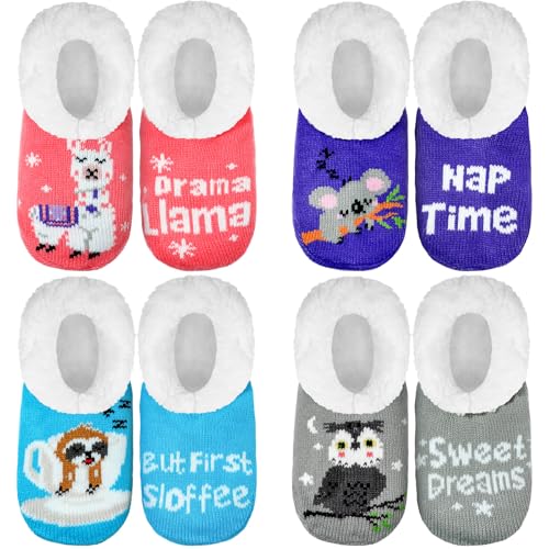 4 Pairs Winter Fuzzy Slipper for Women Non Slip Animal Slipper Socks with Grippers Cozy Sherpa for Indoor