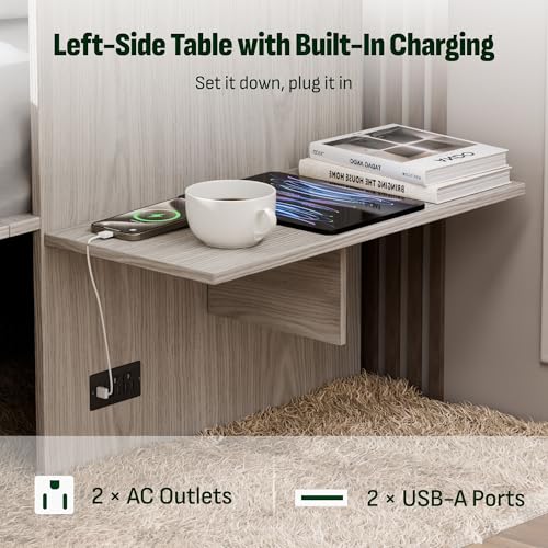 Image of Softa Murphy Bed Full with Drawer, 1200Lb Support, Fold-Down Side Table & Charging Station, Mattress Storage Space, No Box Spring Needed, Space Saving Murphy Bed Cabinet for Guest Room & Home Office