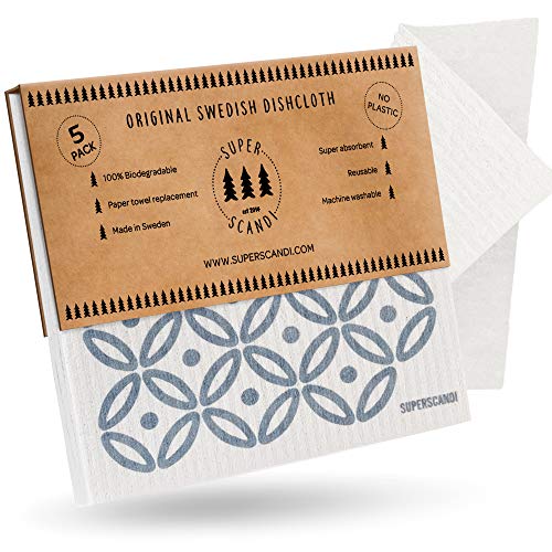 SUPERSCANDI 5 Pack Swedish Dishcloths for Kitchen - 100% Biodegradable