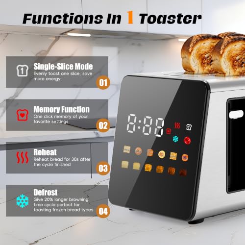 Image of WUNLY Smart Touchscreen 2 Slice Toaster, Wide Slot, Memory & Single-Slot | Digital Timer, Extra Wide Slot for Bagels, 6 Shade Levels & 6 Bread Settings, Reheat, Defrost, Favorite,Silver