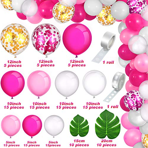 120 Pieces Flamingo Hawaiian Tropical Balloon Arch Garland Kit Luau Jungle Party Confetti Latex Balloons With 20 Palm Leaves Strip Dots(Rose Red, Light Pink, White, Transparent, Gold) #TOP1