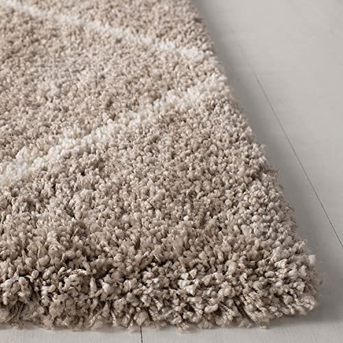 Image of Trellis Design Microfiber Hand Woven Shaggy Carpet Collection with 2 inch Pile Height Carpet for Living Room Size 5x5 feet Square coular Beige /Ivory