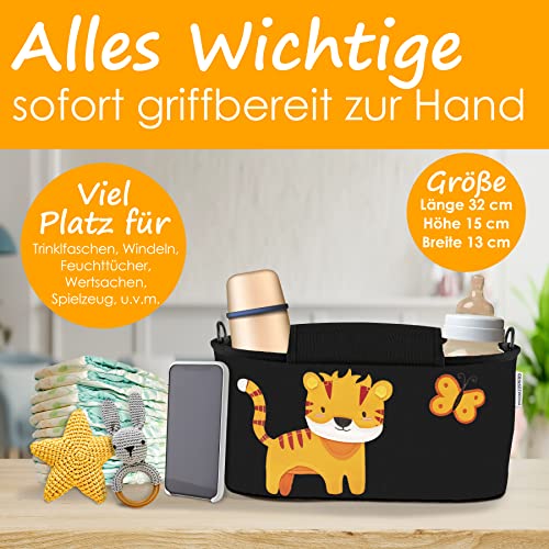 GRINSEZWERGE Kinderwagen Organizer – Premium Kinderwagentasche verschließbar I Kinder Buggy Tasche mit Feuchttuchspender I Baby Stroller Bag Grau I Aufbewahrungstasche (Theo Tiger (schwarz))