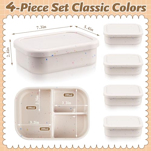 Image of Honeydak 4 Pcs Silicone Bento Box, 3 Compartment Lunch Food Container for Women Men, Leak Proof Microwave Easy to Clean Dishwasher Freezer Safe (Beige)