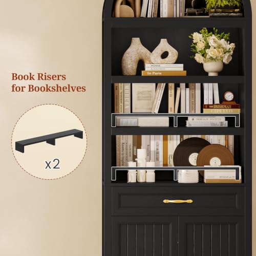 2 Pcs 84.2" Tall Arched Cabinets,Bookcase with Drawer storage,Mid-Century Modern 6-Tier Bookshelf, 2 Book Risers and Adjustable Shelves offering more storage space for Living Room,Kitchen, Black - Image 6