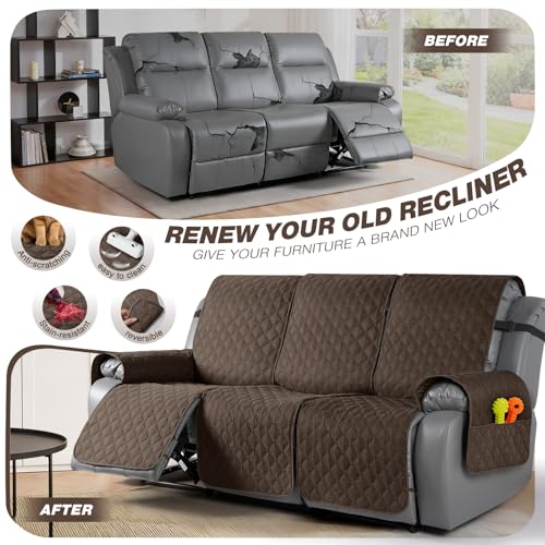 Image of TAOCOCO 100% Waterproof Recliner Covers, Recliner Sofa Covers with Leg Straps, Reversible Recliner Couch Cover for Reclining Chair, Washable Couch Protector for Pets Kids(3 Seater, Brown)