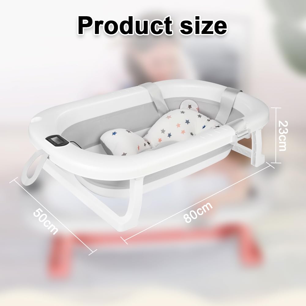 Baignoire Bebe Pliable avec Thermometre Digital, Coussin, Prise Pommeau de Douche, Gris 80x50x23cm 0-24 Mois
