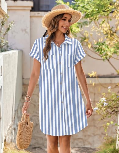 Image of Zeagoo Summer Dresses for Women 2026 Cotton Button Down Short Sleeve Tshirt Dresses Casual Mini Beach Dress