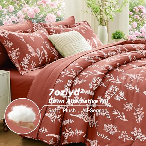 Image of MUXHOMO Brown King Comforter Set, Elegant Floral Print Bed in a Bag 7 Pieces, Ultra Soft & Breathable Reversible Botanical Pattern Bedding Set with Comforter, Sheets, Pillowcases, and Shams