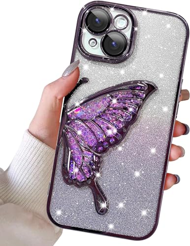 Image of SHINESTAR 3D Butterfly Case for iPhone 15 Cover, Cute Girly Glitter Bling Luxury Back Cover for Women Girls Protective Shockproof Slim Camera Protection for iPhone 15 - Purple