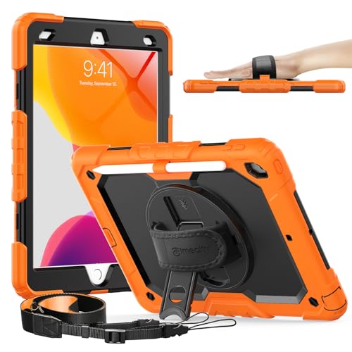 Timecity Case for iPad 9th/ 8th/ 7th Generation 10.2 inch - Heavy Duty Protective Cover with Screen Protector, Rotating Stand, Shoulder Strap & Pencil Holder | Kids-Friendly (Orange)