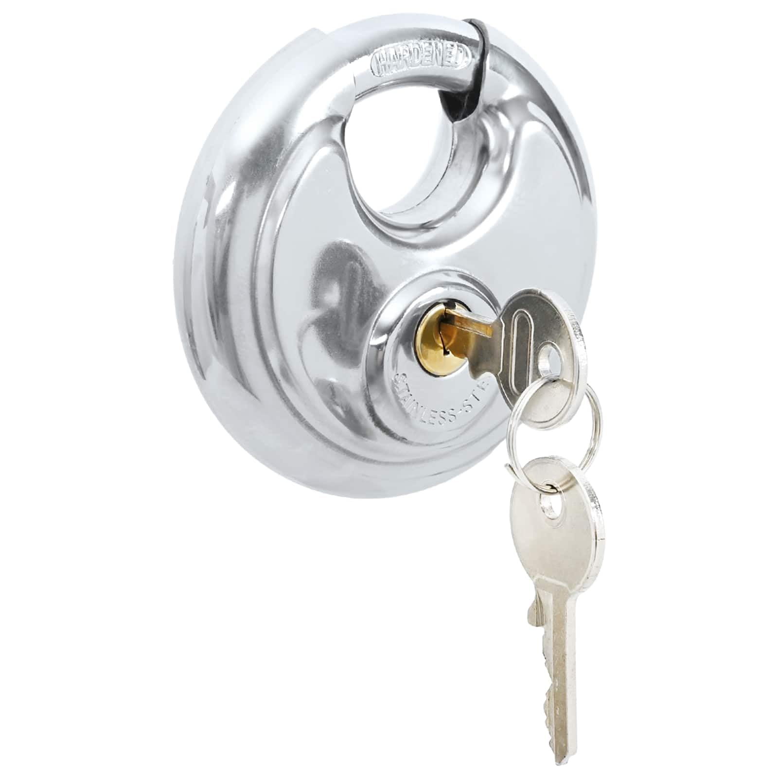 Diskusschlösser mit Schlüsseln, Edelstahl und Eisen, 6 Stück, 9 x 2,8 x 9 cm, Robustes Vorhängeschloss für Garage, Garten, Tür, Fenster, Keller, Werkstatt, Haus, Wohnung, Diebstahlschutz