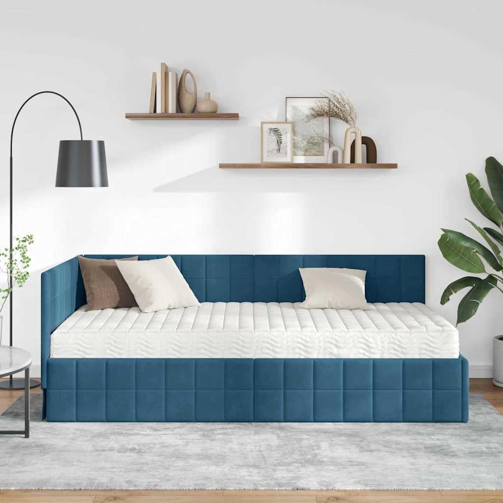 Struttura letto angolare con materasso 2 pezzi blu velluto design moderno comfort robusto telaio in compensato per camera da letto ospiti cameretta salvaspazio supporto stabile