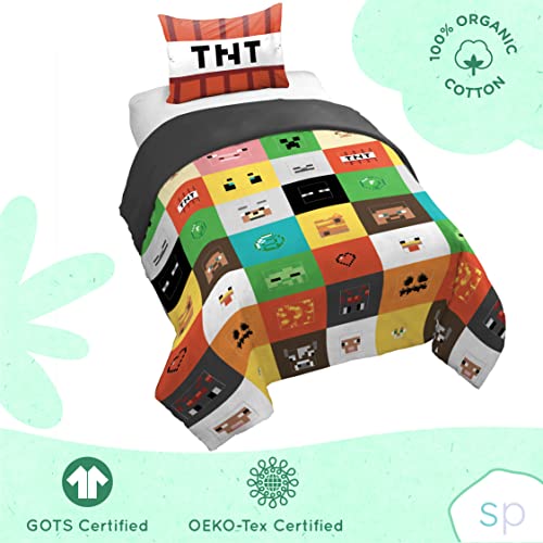 Saturday Park Minecraft Iconic Twin Duvet Cover & Sham Set - 2 Piece 100% Organic Cotton Duvet Set Features Creeper, Alex & Steve - Gots & Oeko-Tex Certified (Minecraft Official) #TOP3