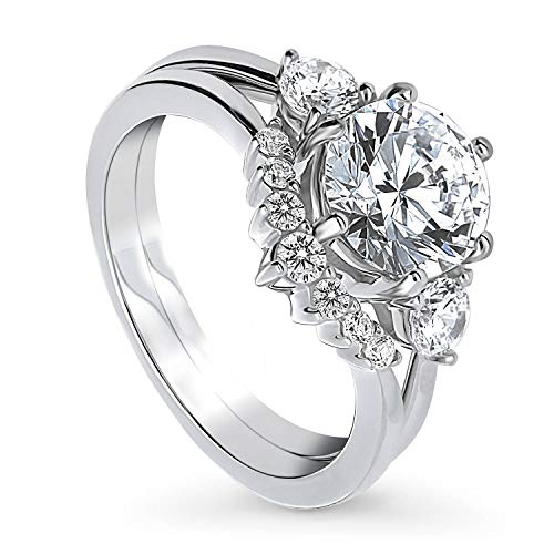 BERRICLE Rhodium Plated Sterling Silver Round Cubic Zirconia CZ 3-Stone 7-Stone Wishbone Wedding Engagement Ring Set 2.5 CTW Size 6.5