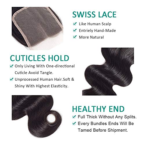 Bundles With Closure, Brazilian Body Wave 3 Bundles With Lace Closure (4 ×4) Free Part 100% Unprocessed Virgin Human Hair Extensions Natural Color (8 10 12 +8, Body Wave Bundles With Closure) #TOP4