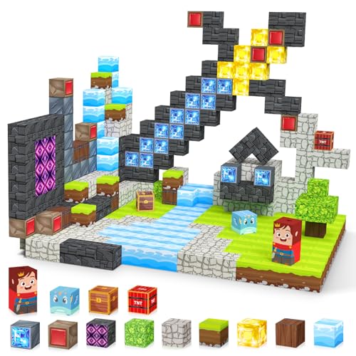 IEEILULU Construcción de Bloques Magnéticos Mundo, 100 Piezas Bloques Magnéticos Mundo de Construcción Forestal, 3D Magneticas Construcción Juguetes Regalos para Niños (Espada)