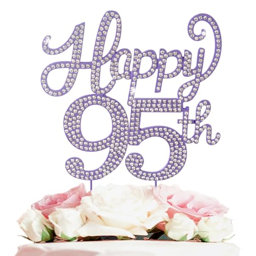 LASKYER Happy 95th Birthday Decorations,95th Birthday Purple Rhinestone Cake Topper - Cheers to 95 Years Old Bday Party Metal Sparkly Cake Centerpieces Sign.