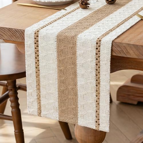 Image of FEXIA Boho Table Runner for Hoilday Spring Home Decor Farmhouse Rustic Table Runner Macrame Burlap Coffee Table Decor House Decoration for Living Room Bridal Shower (12x72 Inches)