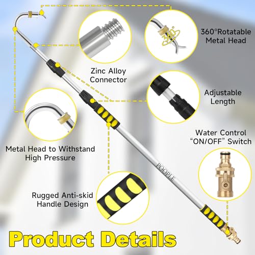 POOPLE Gutter Cleaning Tools from Ground, 12FT Telescoping Pole (20FT Reach) - Heavy-Duty Zinc Alloy Head, 360° Spray Nozzle & Leak-Proof Kit, No Ladder Needed for Roof Gutters