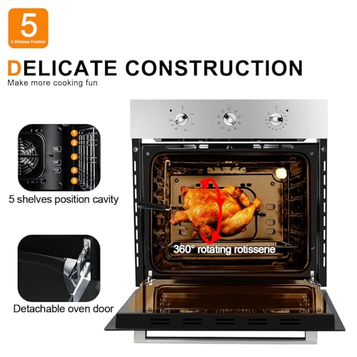 Image of GASLAND 24 Inch Wall Oven Electric, 3200W Convection Single Wall Oven with Rotisserie, 9 Functions, 3-Layer Glass Door, Knob Control, 65L Capacity, ETL Certified, Stainless Steel, 240V
