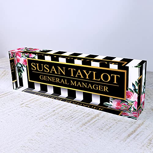 Artblox Office Desk Name Plate Personalized | Custom Name Plates For Desks | Black Stripes & Roses Design On Clear Acrylic Glass | Cute Office Desk Accessories Customized Gifts - (8" X 2.5") #TOP2