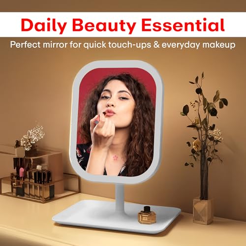 Image of Prime Pick Beauty Pro Makeup Mirror 360 Degree Rotating Plastic Vanity Mirror Non LED Lightweight Durable Tabletop Square Mirror for Home Travel Multipurpose Use White Pack of 1