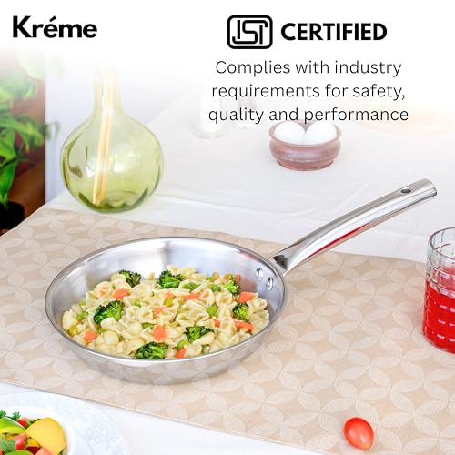 Image of Kreme Platina Triply Stainless Steel Frying Pan - 1.85 L, 24 cm | 2.5 mm Thick Tri ply Cookware | Heavy-Bottom Frypan for Healthy, Low-Oil Cooking | Induction and Gas Compatible | Scratch Resistant