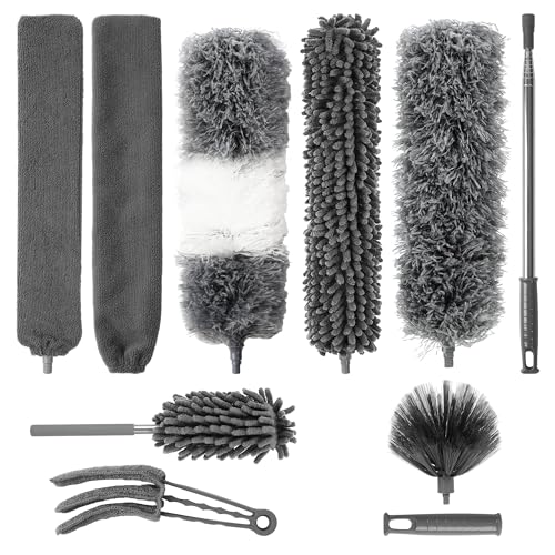 10 Pcs Plumero Atrapapolvo, Plumero Telescopico Extensible, Longitud telescópica hasta 245 cm, Plumero Extensible Apto para Limpieza de techos, Ventiladores de Techo, lámparas de araña