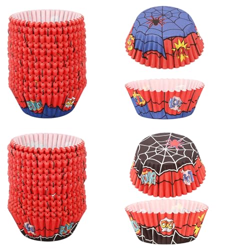 300pz Pirottini per Cupcake di Ragnatela, Pirottini di Carta Rossi e Blu a Tema Cartone Animato per Feste Compleanno a Tema Ragno Cupcake Muffin Gelato Dessert Decorazione