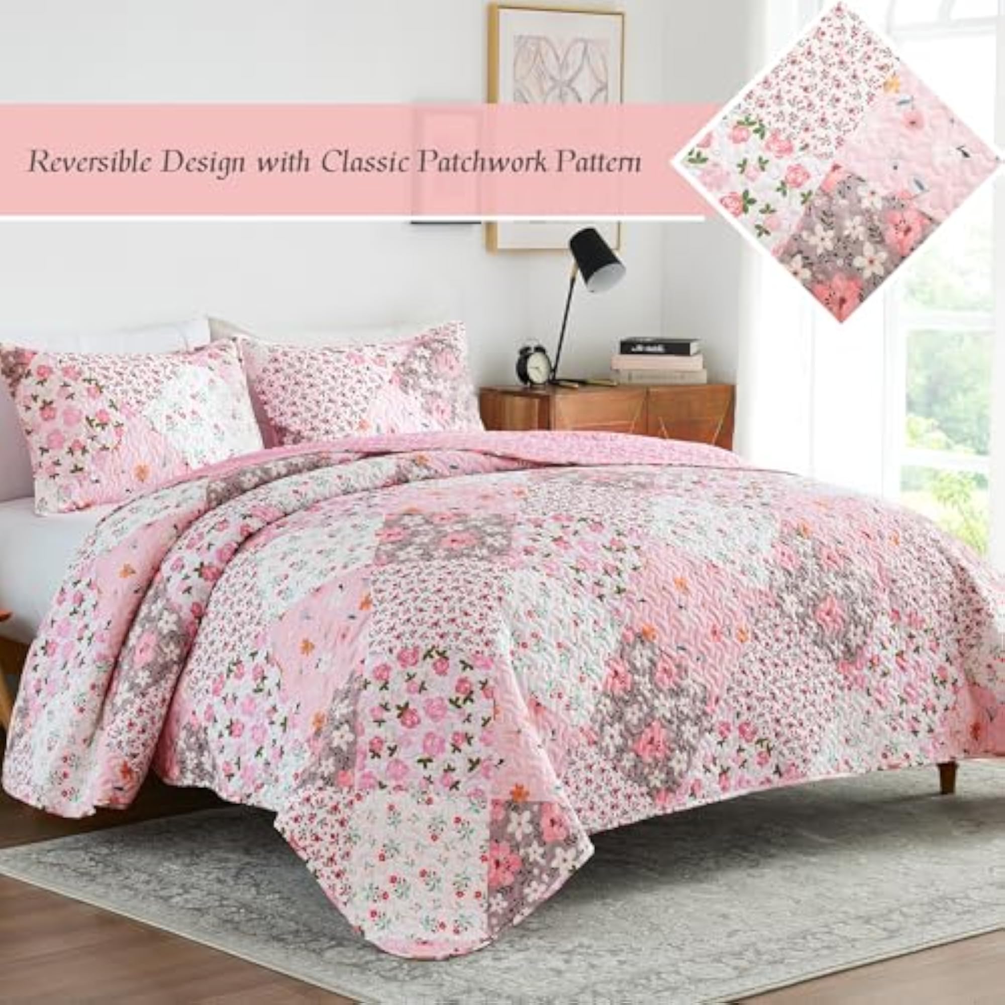 3-Piece Printed Queen Size Quilt Bedding Set with 2 Pillow Shams