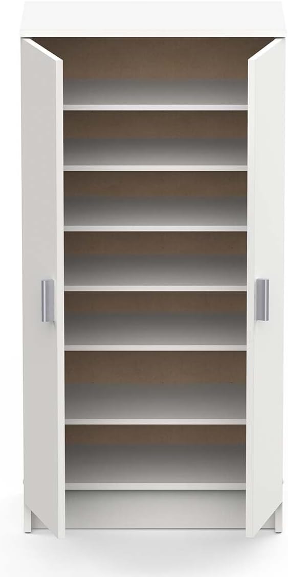 Demeyere shoe cabinet with both doors open, revealing six empty adjustable shelves inside.