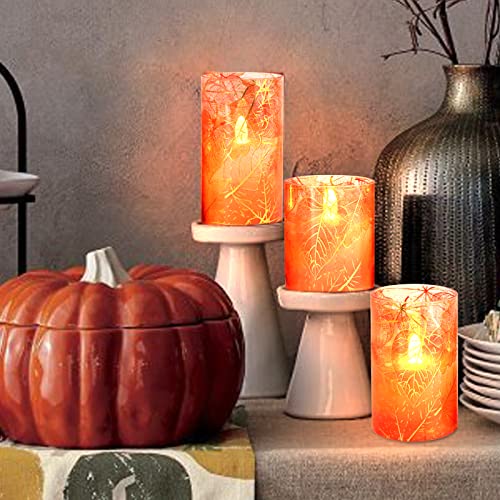 Immeiscent Flickering Flameless Candles, Fall Harvest Autumn Maple Leaf Glass Candle,Battery Candle With Timer & Remote, Realistic Pillar Candle For Thanksgiving,Christmas,Holiday,Set Of 3 #TOP3