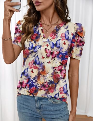 Image of LOMON Spring Summer Tops for Women 2026 V Neck Puff Short Sleeve Tops Fashion Trendy Work Blouses Dressy Casual S-XXL