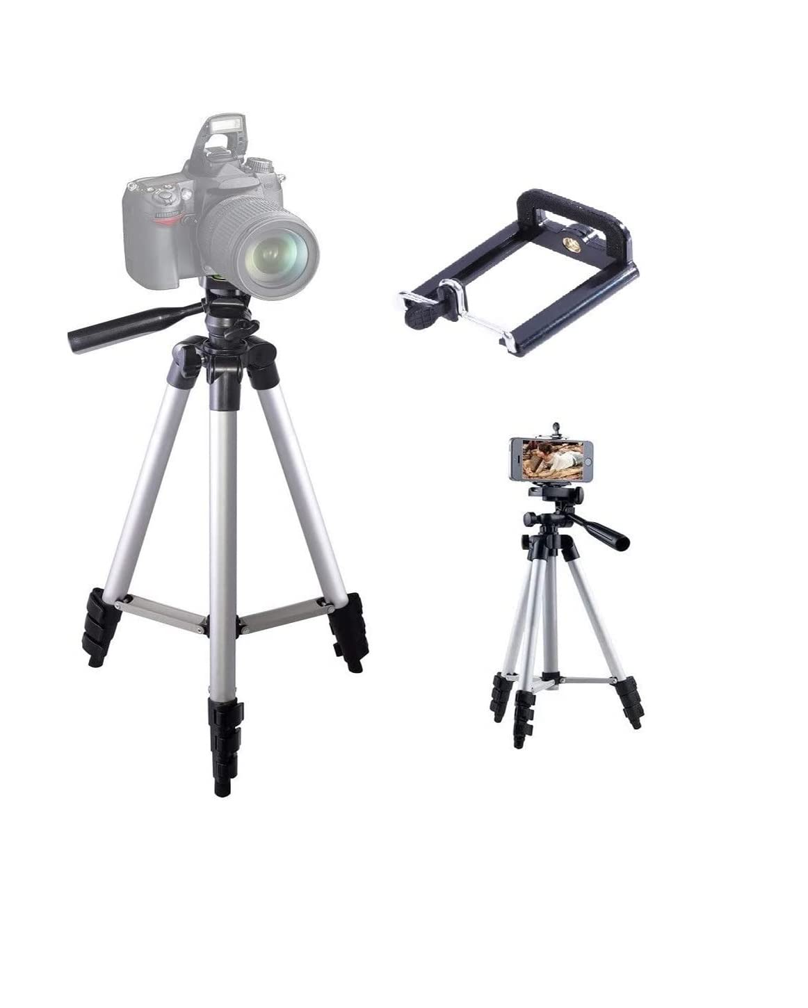 Ntech - Portable Adjustable Aluminium TriPod with 3-Dimensional Head And Quick Release Plate (Black, Silver)