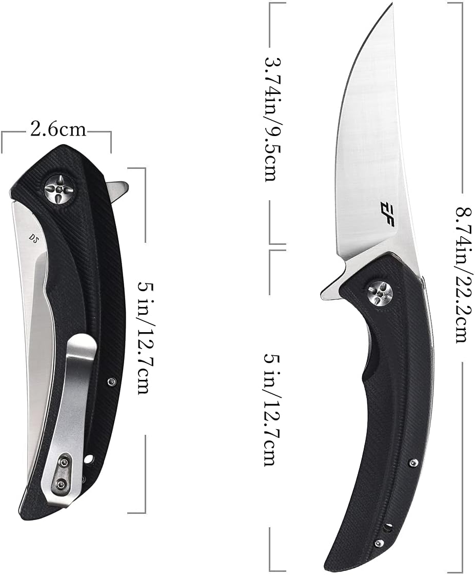 Eafengrow EF965 Folding Pocket Knife D2 Steel Blade G10 Handle with Pocket Clip EDC Tool Knife Flipper Knife for Camping Hiking Fishing Outdoor (BLACK)