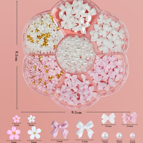 Nail Charms, Blumen Nagel Charms 3D Rosa Bogen Nail Art Dekoration,3D Acryl Blumen Nail Gems mit weißen Halbperlen für Frauen Acryl Nagel