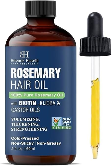 Botanic Hearth Rosemary Oil for Hair Growth with Biotin, Jojoba & Castor Oils, 100% Pure Cold Pressed, Non-Greasy, 2 fl oz