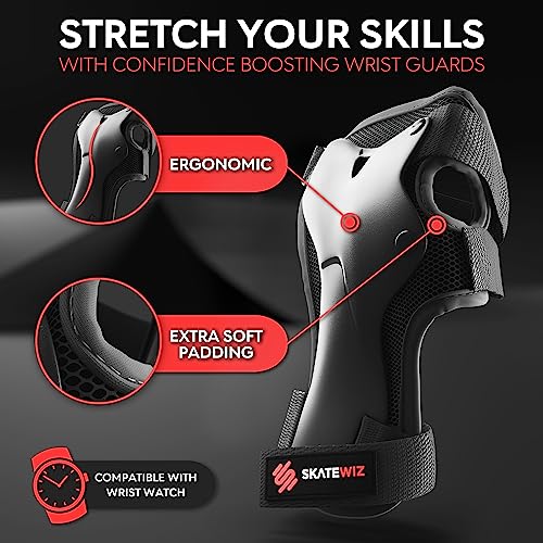 SKATEWIZ Knee Pads for Kids, PROTECT-1, Kids Knee and Elbow Pads for Children, M Black, Skateboard - Image 3