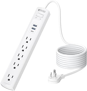 Power Strip Surge Protector, TROND 5 Widely AC Outlets with 3 USB Ports(1 USB C), 6 feet Long Extension Cord, Thin Flat Plug, 1440 Joules, Wall Mountable for Home, Office, Dorm Room Essentials, White